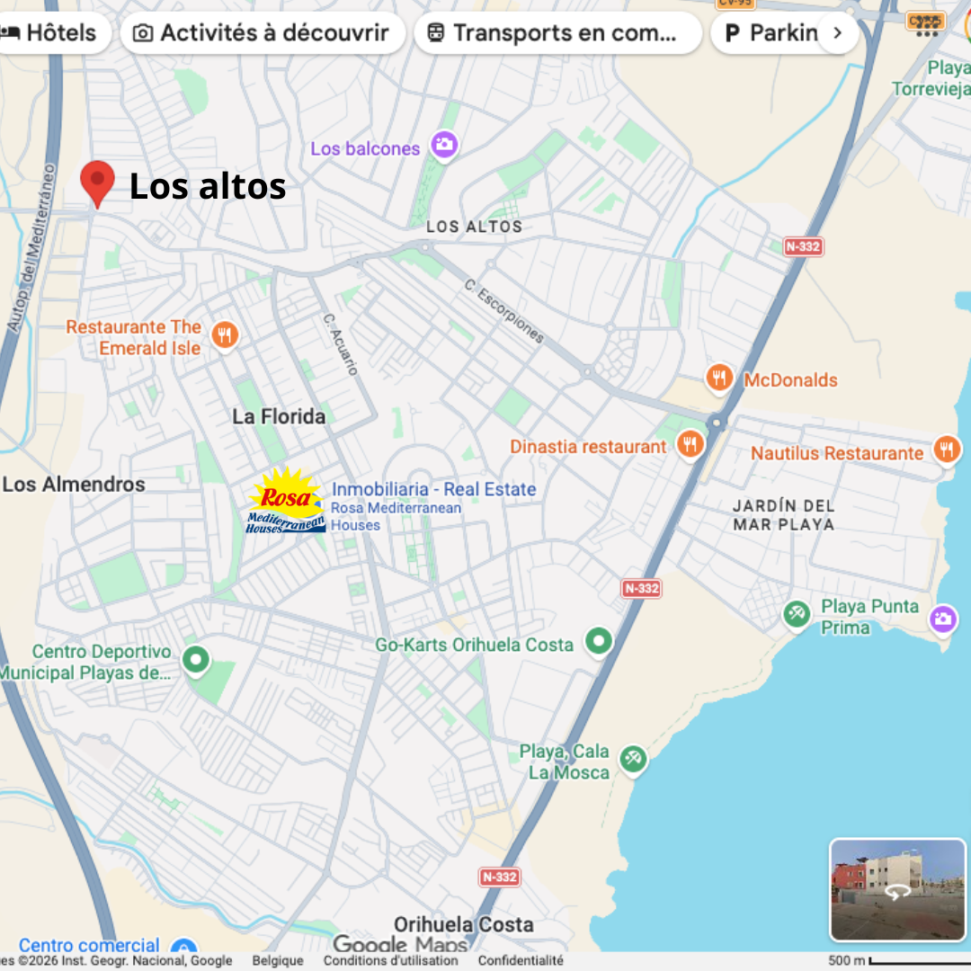 Kort over Los Altos Orihuela Costa Kort, der viser Los Altos' beliggenhed i Orihuela Costa på Costa Blanca